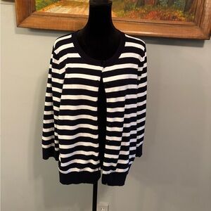 Talbots Navy and White Striped Button-Front Cardigan